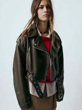 Zara Olive-Style Oversized Leather Biker Jacket